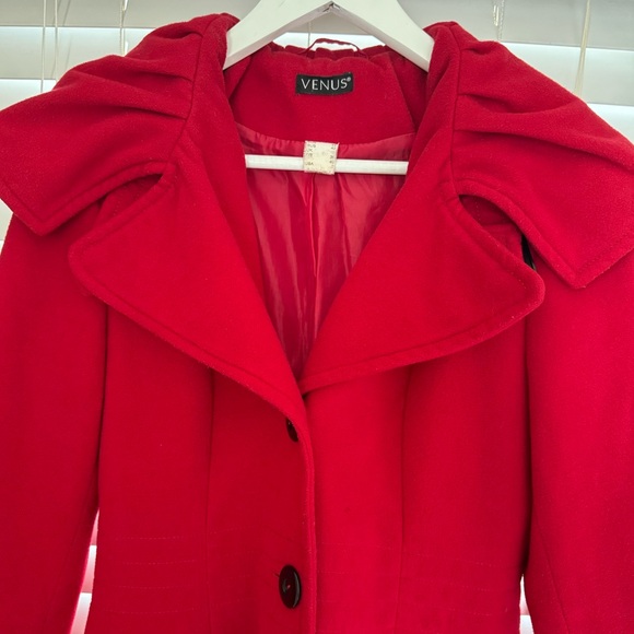 VENUS | LONG JACKET & COAT | RUFFLE COLLAR | HOODED | POCKETS | RED | SIZE 2 - Picture 4 of 9
